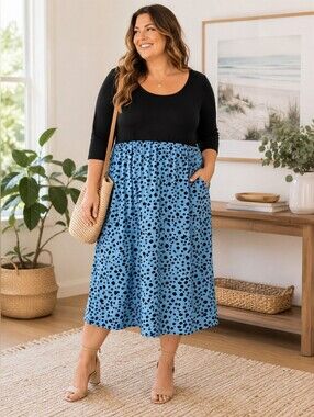 Black & Light Blue Spotted Midi Dress With Pockets 2XL Plus Size
